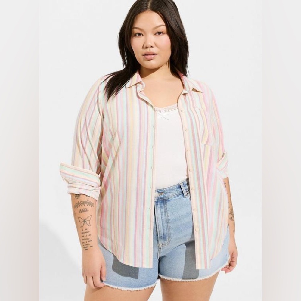 Torrid Rainbow Lizzie Button Up Long Sleeve Shirt Plus Size 2X Rocker Stripe